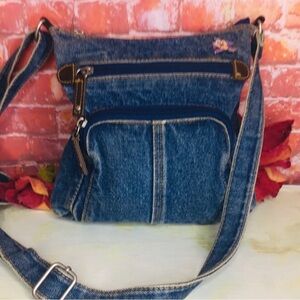 Vintage Denim Crossbody Bag with Tasmanian Devil Accent Pin